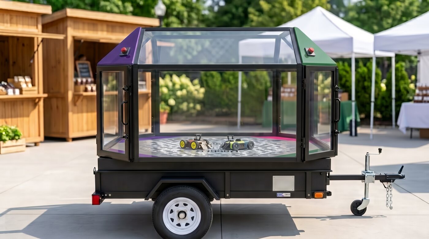 Concept visualization of the completed trailer-mounted Riot Robots arena with its full enclosure and upper lid