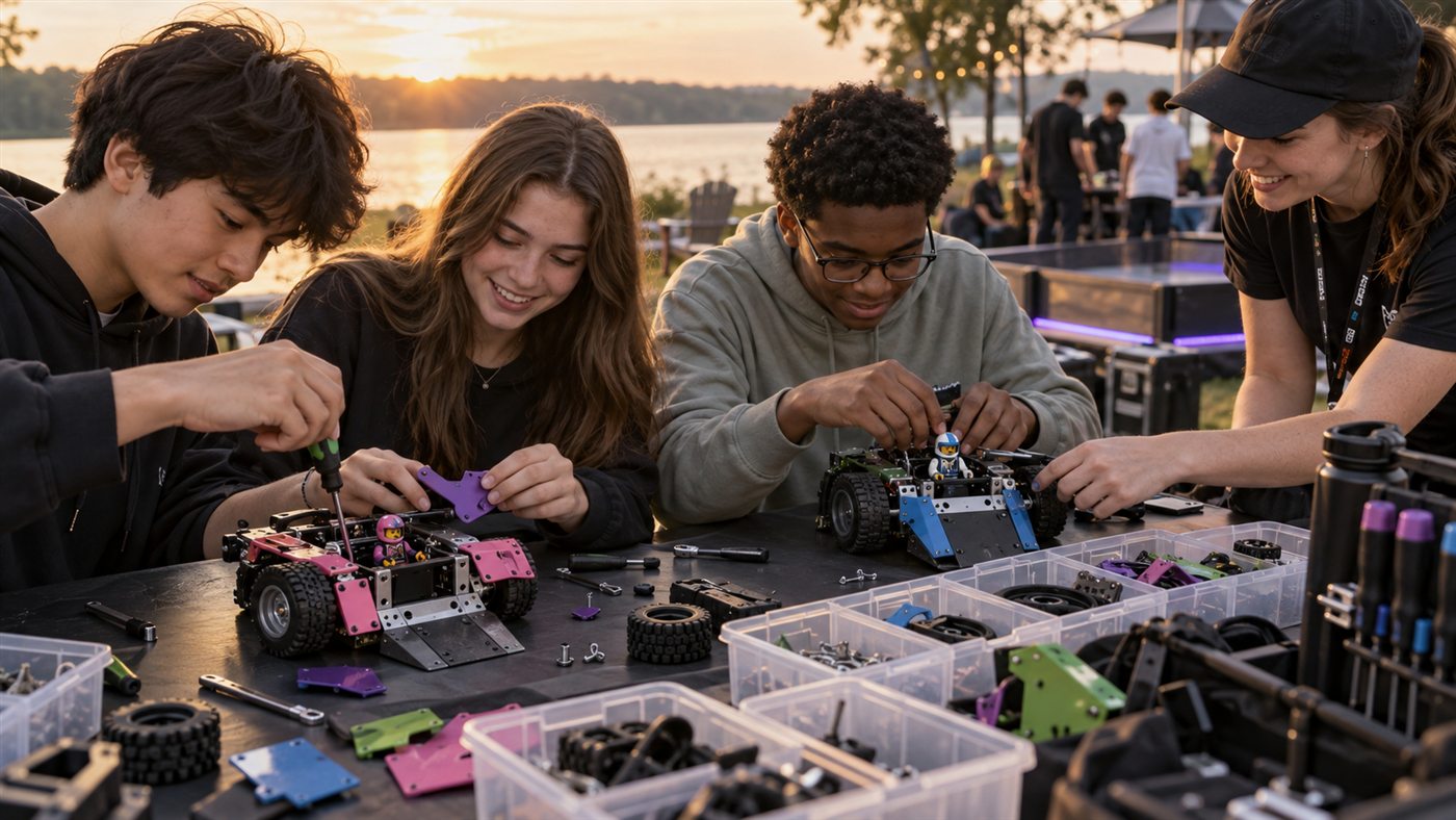 Players customizing robots with a host in the Build-a-Bot Pit at a public event