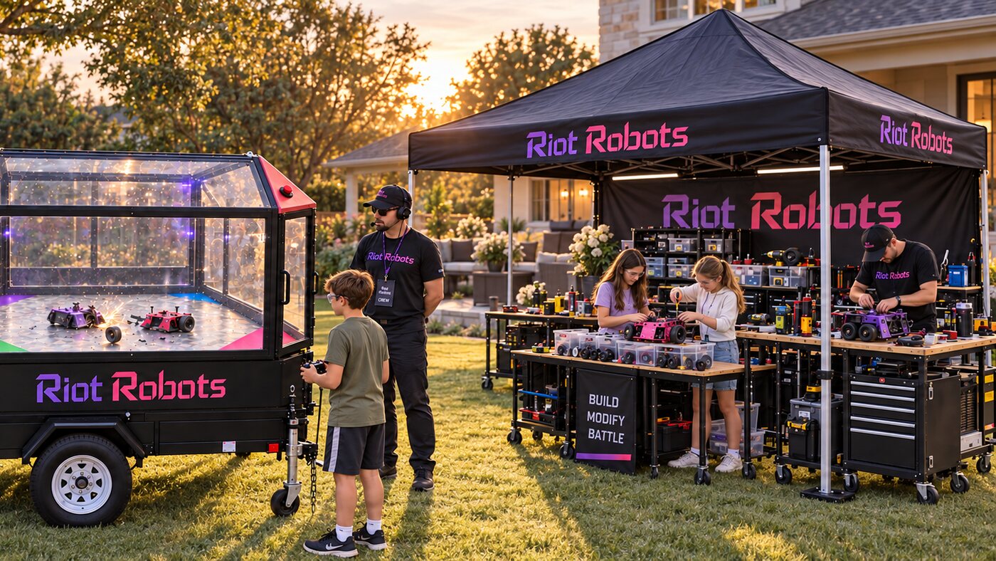 Children customizing robots at the Build-a-Bot work area during a party