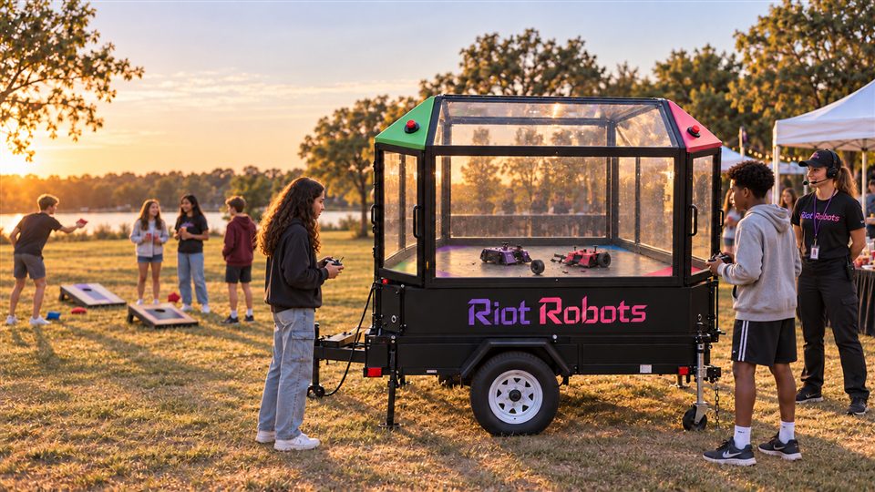 Players gathered around the Riot Robots arena at a private outdoor event beside a lake