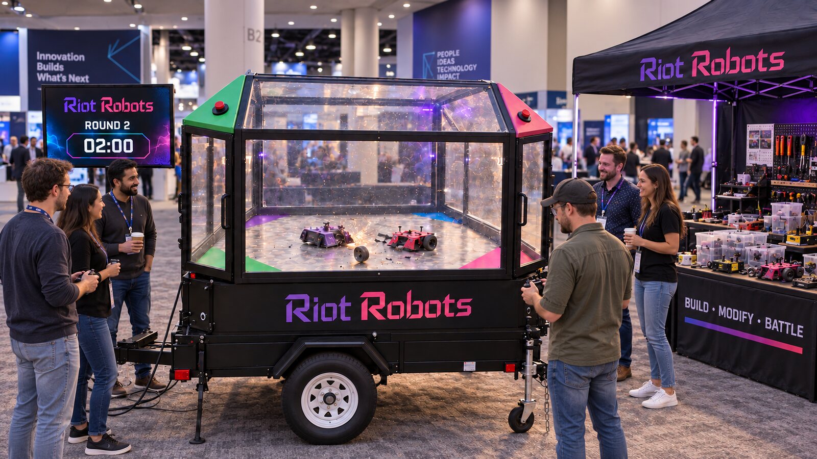The Riot Robots arena and Build-a-Bot Pit in a busy indoor conference hall